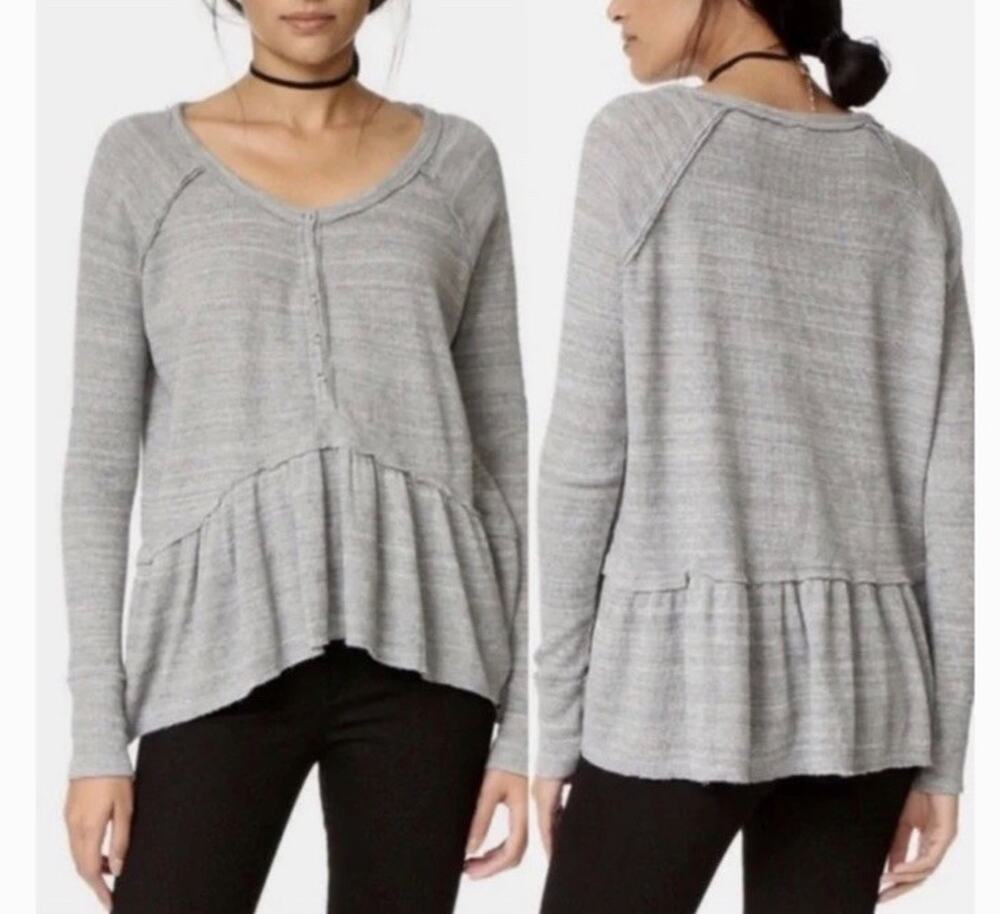 We The Free Free People Coastline Thermal Henley Peplum Heather Gray Top Women’s